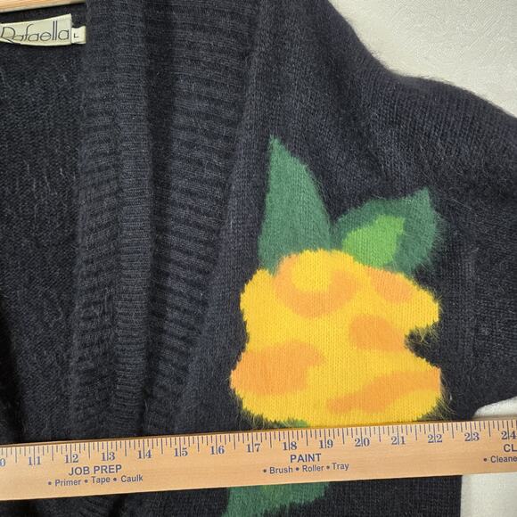 VTG Rafaella Angora Rabbit Hair Lambswool Sweater sz L Black Multicolor Floral - Picture 10 of 12